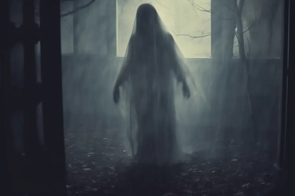 A ghostly figure appearing in a foggy room