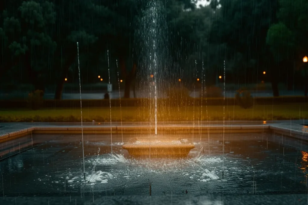 A fountain with rain filling