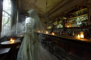 A ghostly figure at a bar