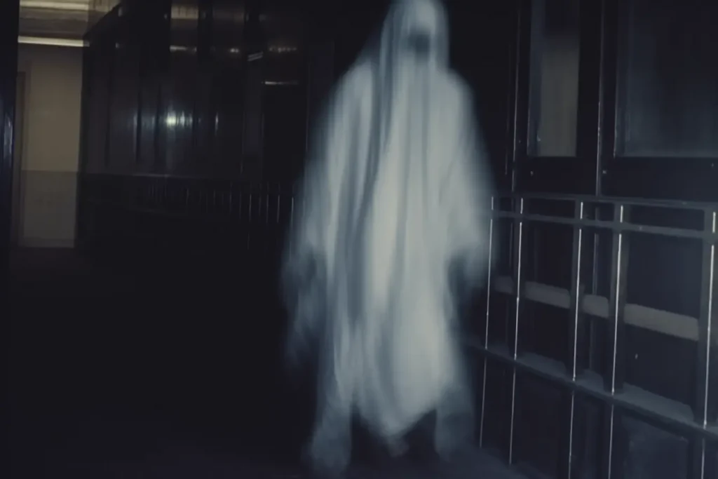 A ghostly figure walking along bars and windows