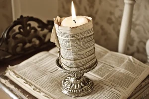 Newspaper surrounding a candle