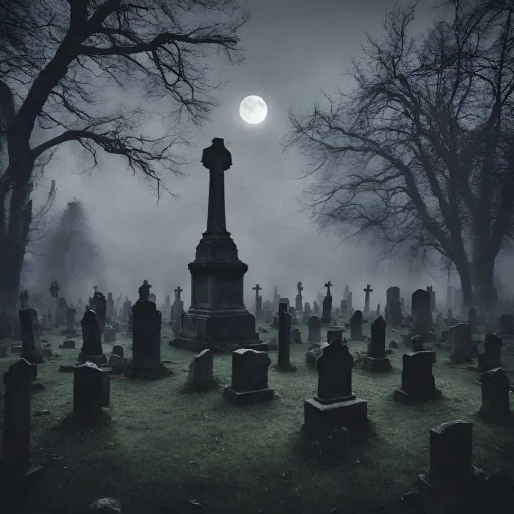 A cemetery at night against the moon