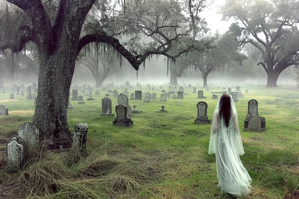 A ghost walking through a cemetery