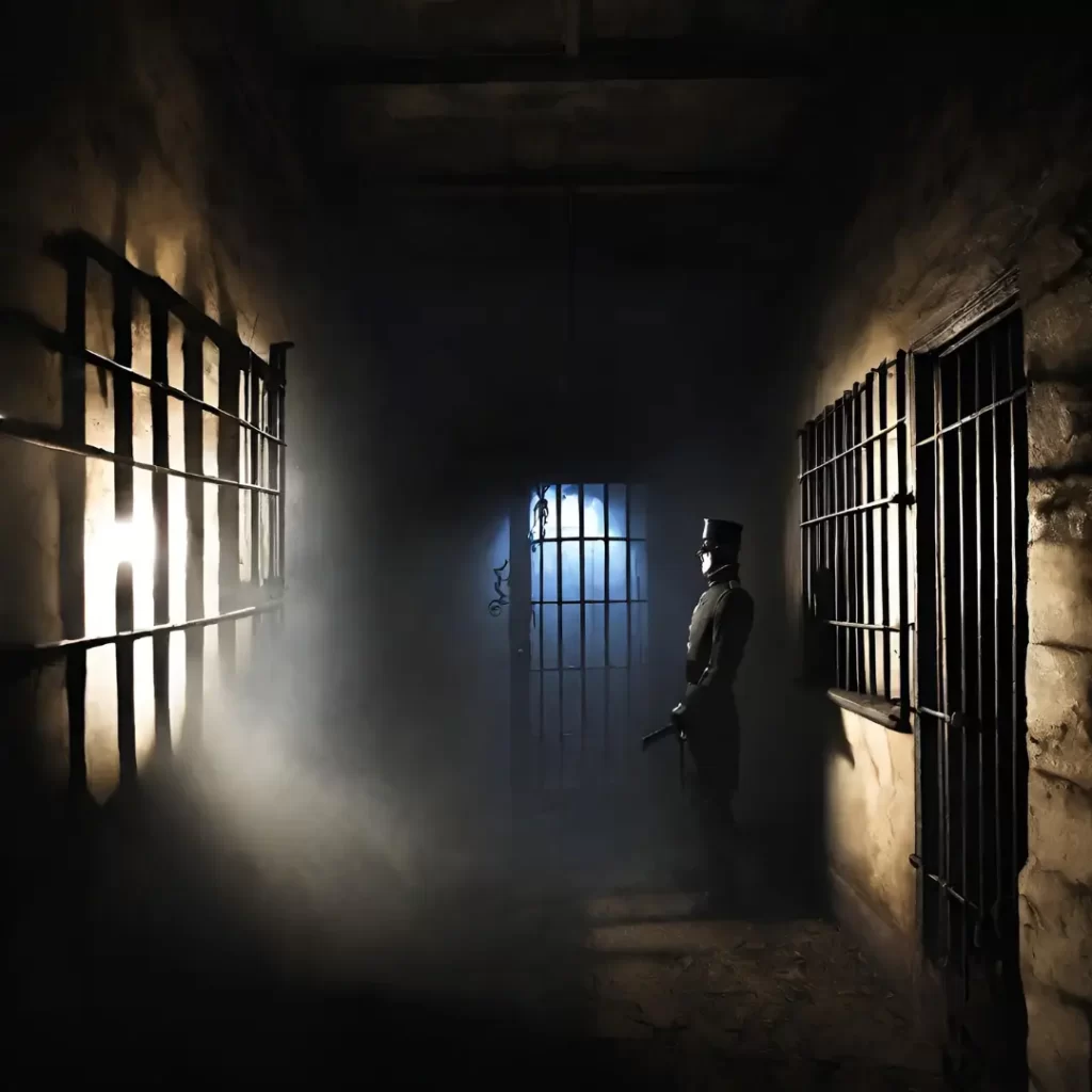 Ghost prison guard stands near jail cells