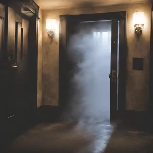 Hotel room door with ghostly mist floating out