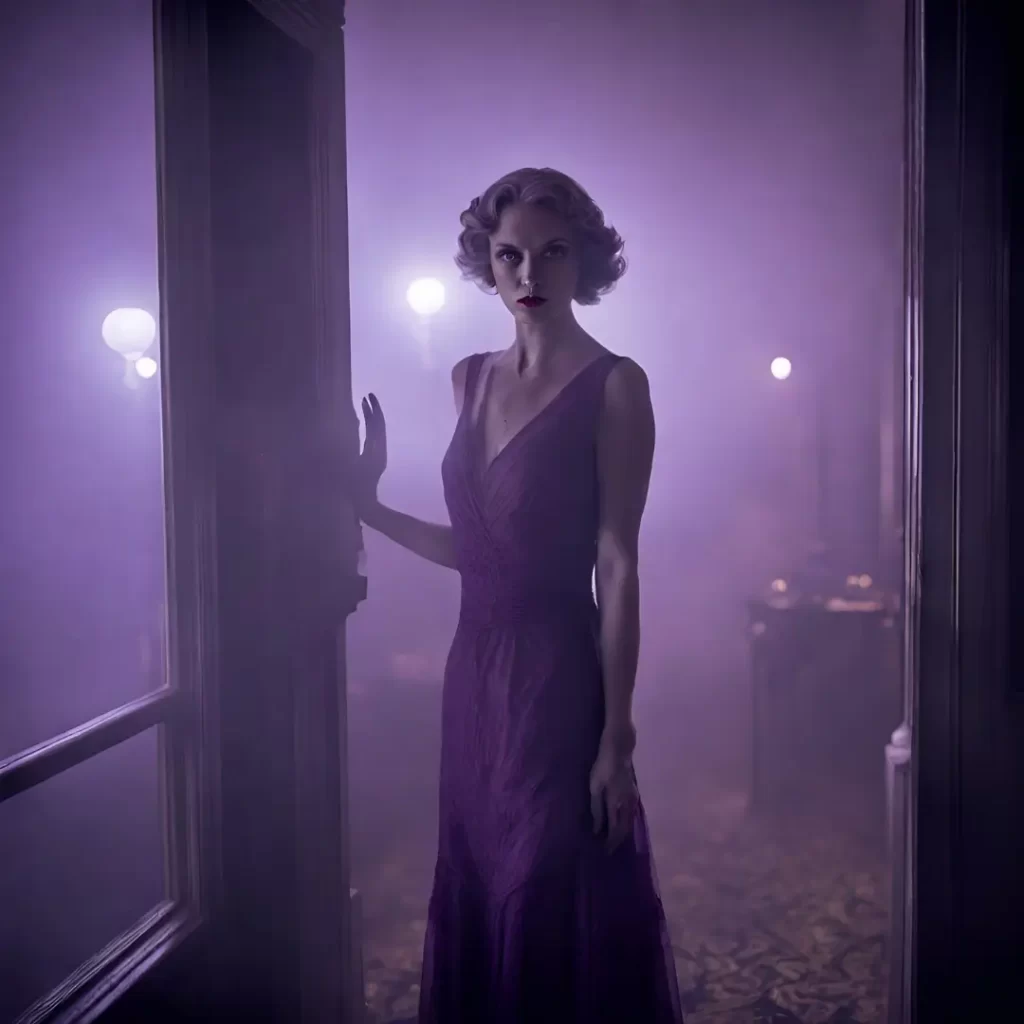 A ghostly woman stands in a purple hallway