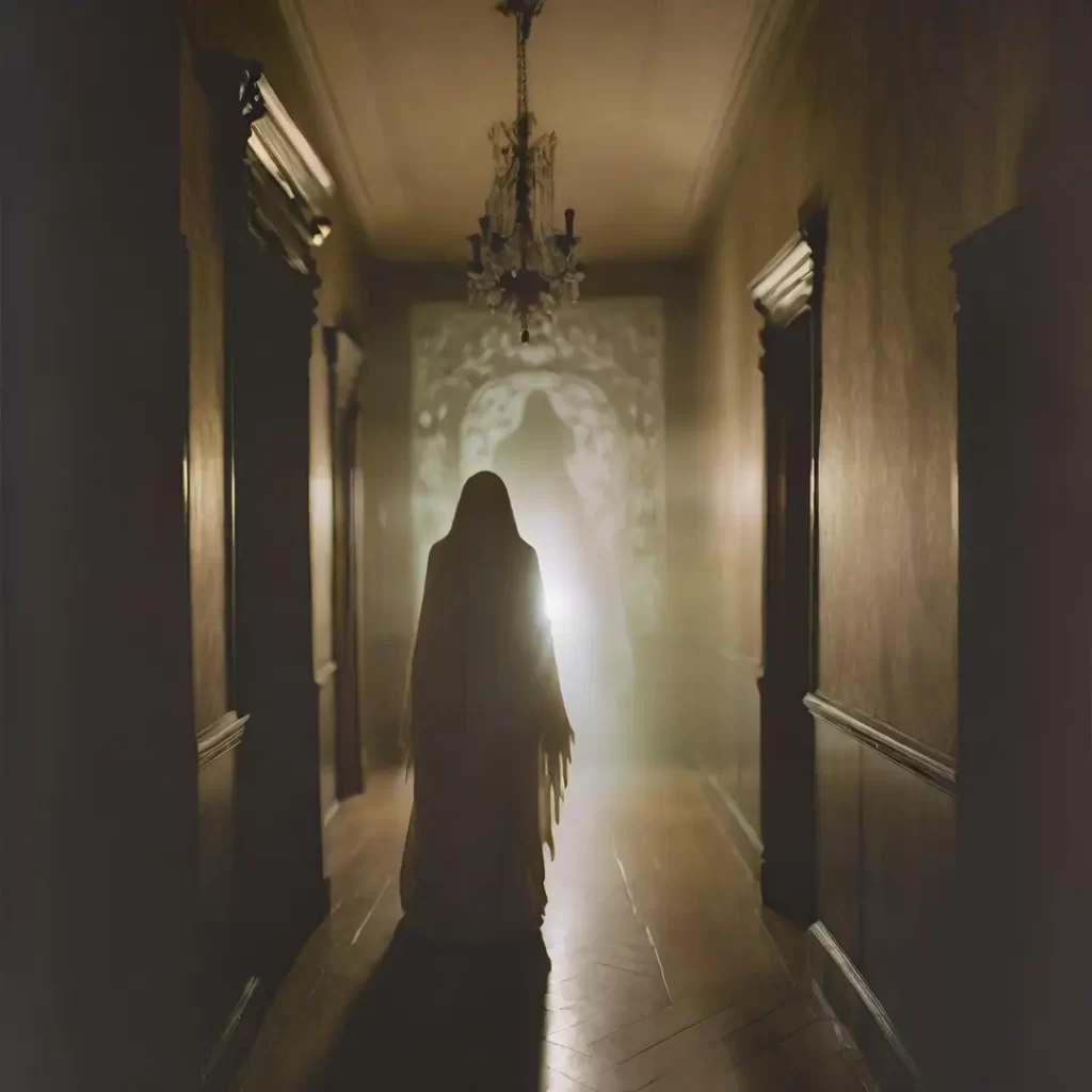 A shadowy figure glides through the dark hallway