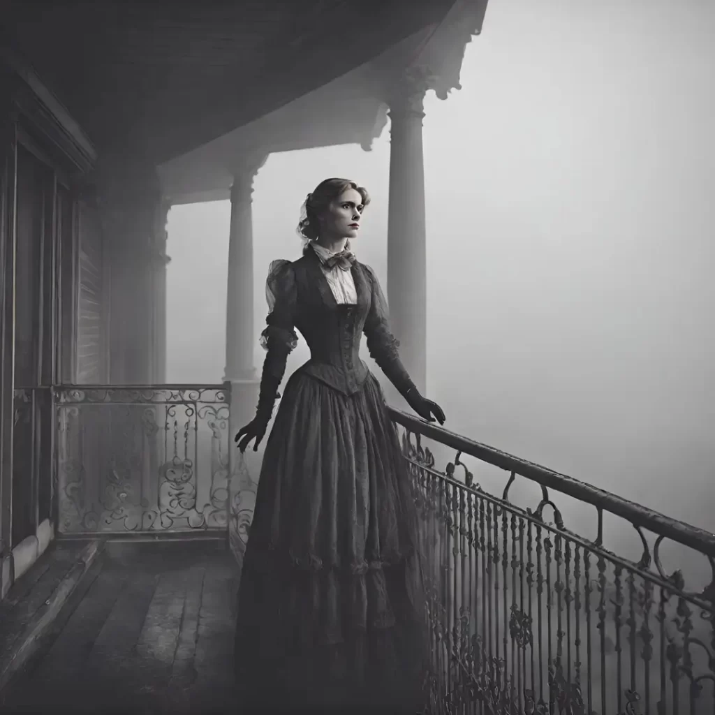 A lady in black stands on a balcony