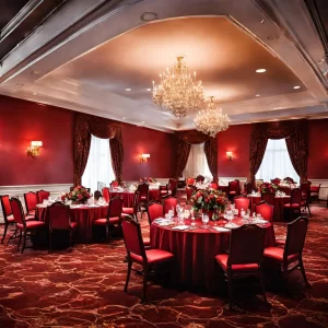 Interior of a fancy restaurant with tables and chairs decorated in red