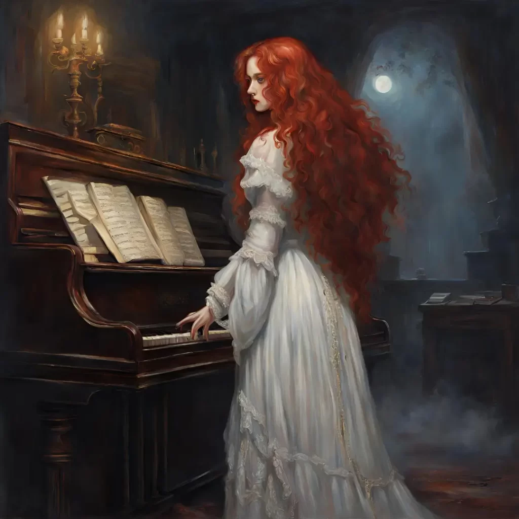 Ethereal woman plays piano in the dark