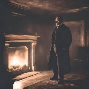 A ghostly man standing in front of a fireplace