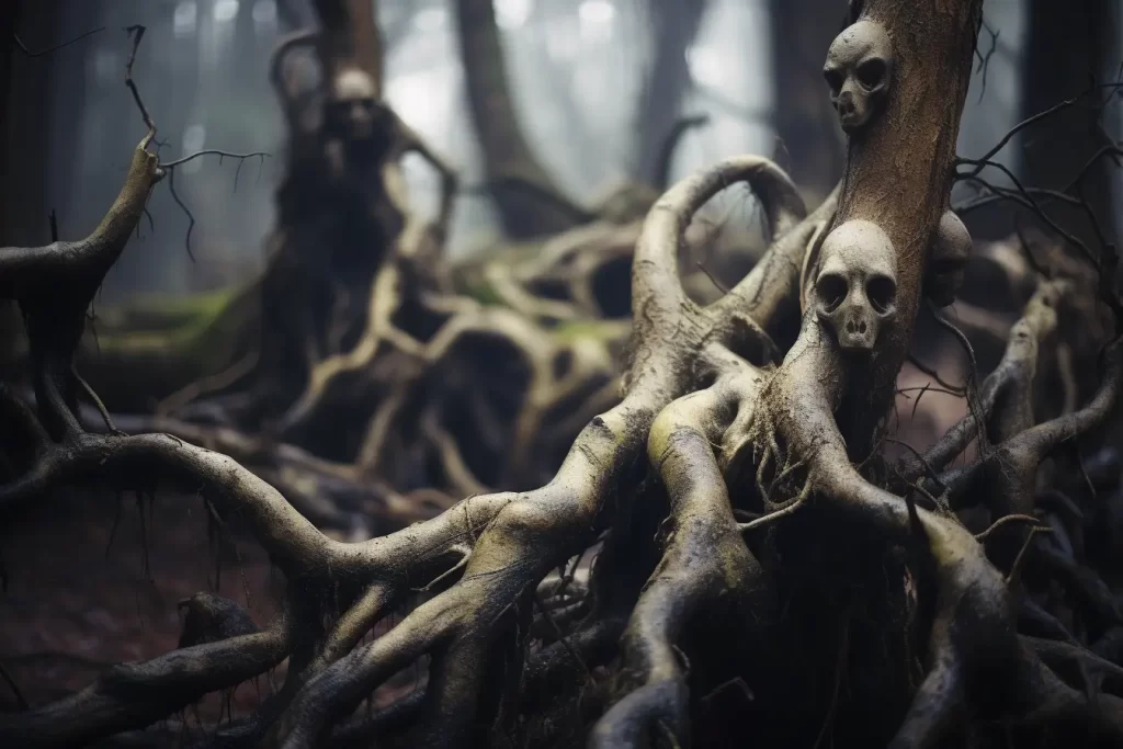 Spooky forest with tree roots with skulls