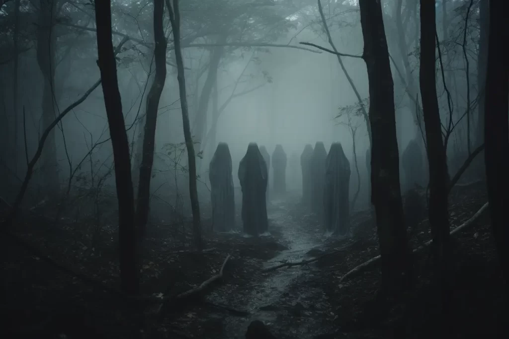 Ghosts standing in a dark forest