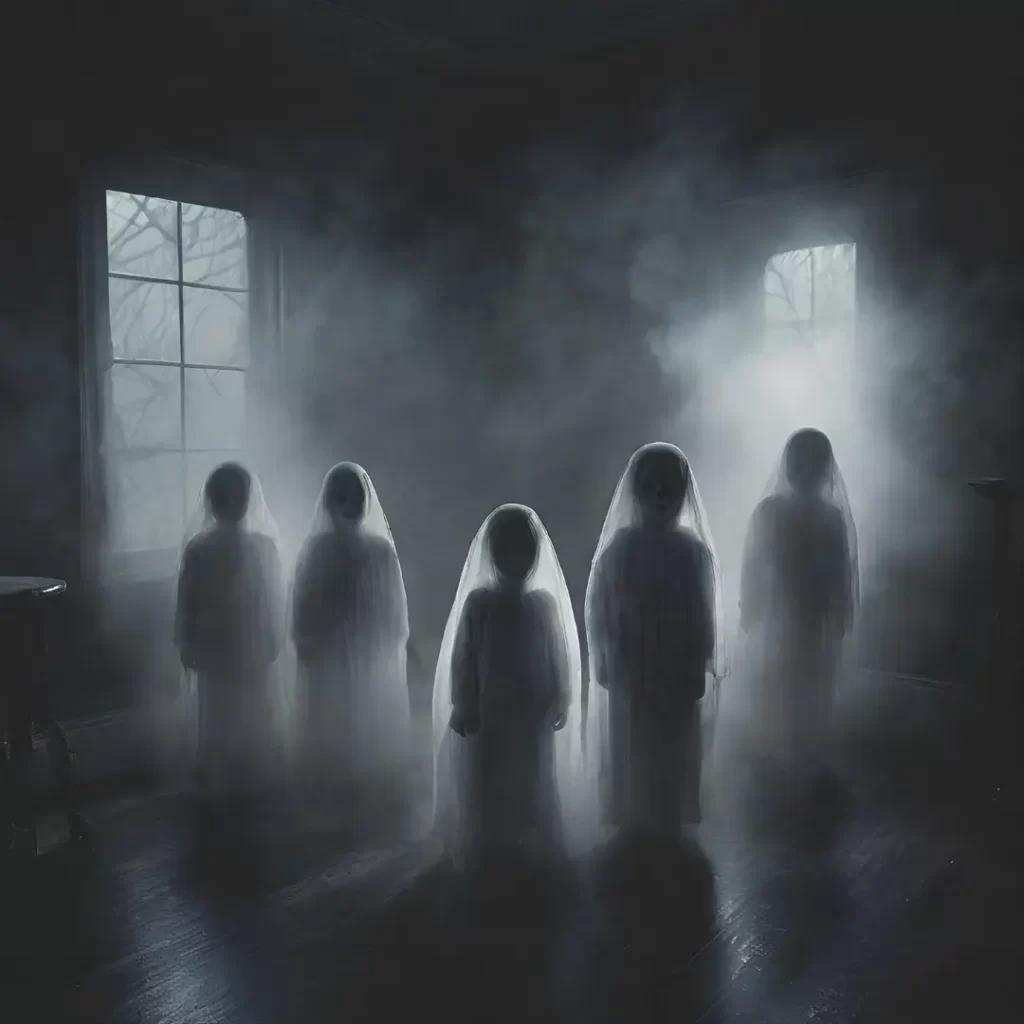 Ghostly images of children stand in a foggy room