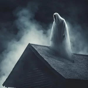 Ghostly figure standing on the roof of a house