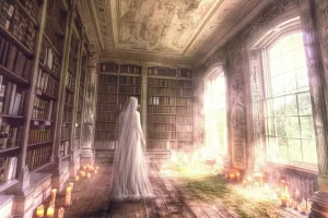 Ghost standing in the middle of a library with big windows