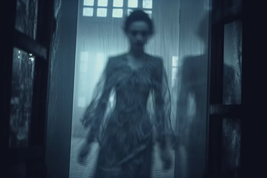 Ghostly figure of a woman in a dress walking through a doorway