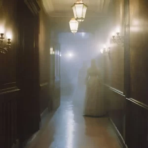 Haunting presence drifts through misty hallway