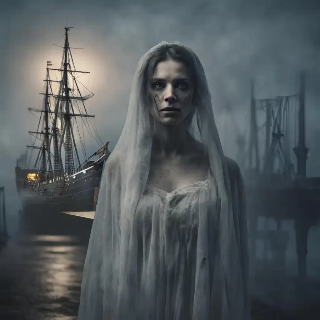 A female ghost standing in front of a Civil War era ship in a shipyard.