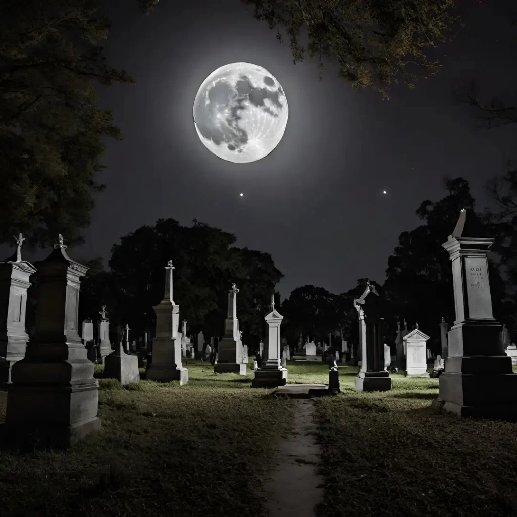 Full moon over cemetery headstones