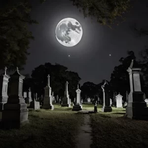 Full moon over cemetery headstones