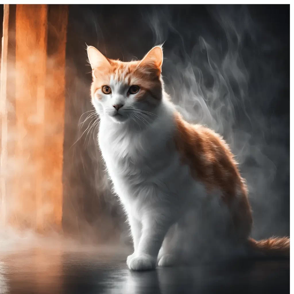 Orange and white ghost cat with mist around it