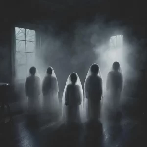 Ghost children in sheets with mist all around