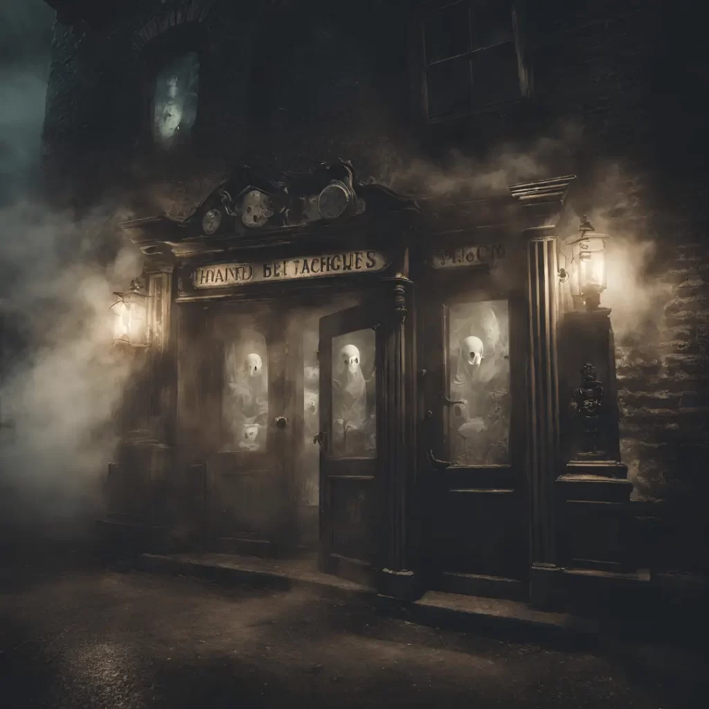 Ghosts and mist pour out from an antique shop at night