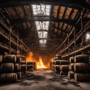 Wooden warehouse with barrels on fire