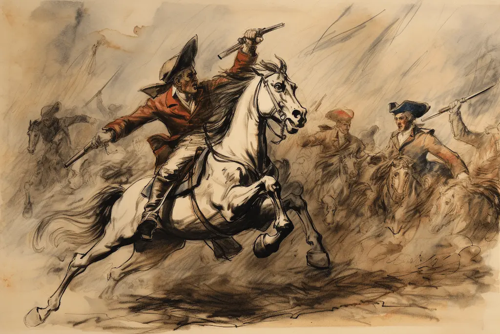 Drawing of a man on a white horse riding into battle