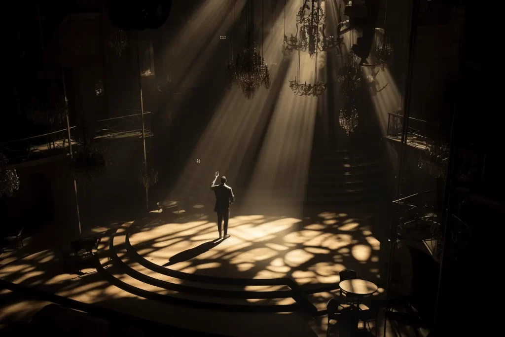 Silhouette of a man in a dark theater with rays of light coming in