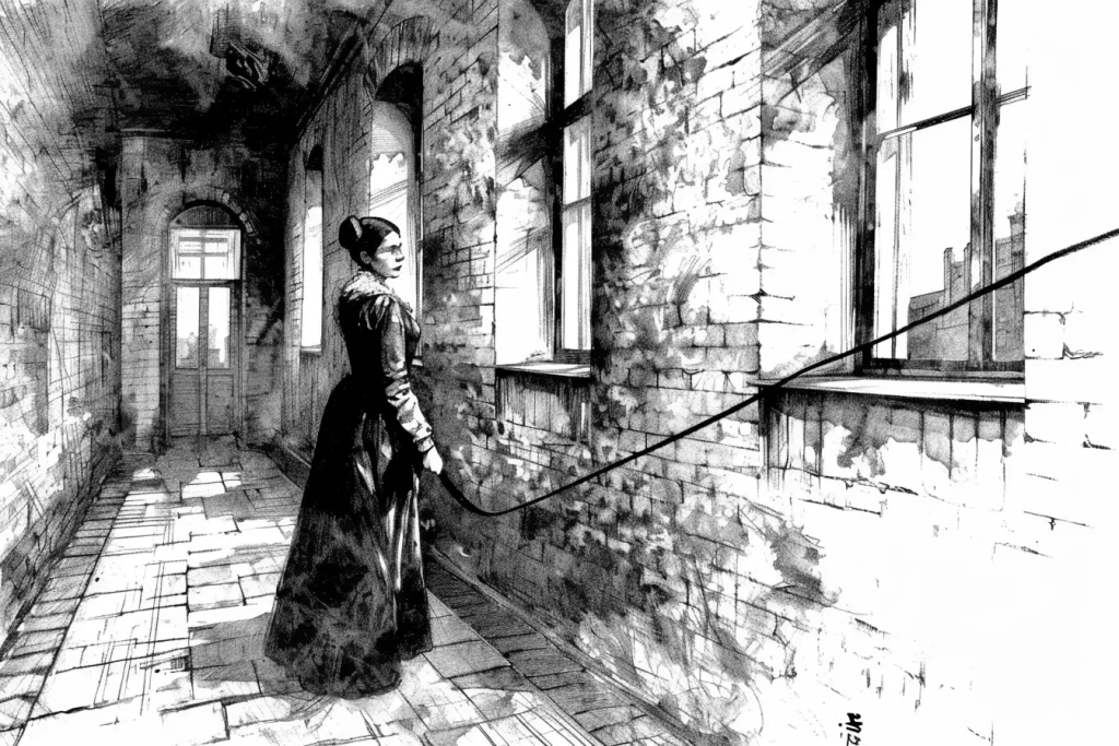 A drawing of a ghostly woman staring out of a window