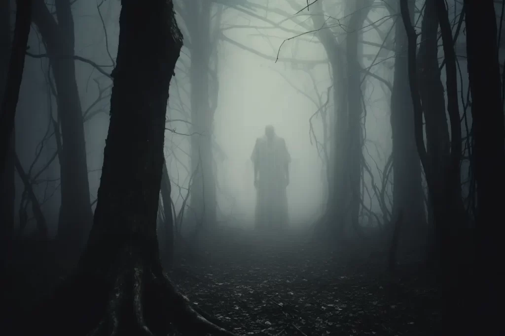 Mysterious figure in a foggy, dark forest