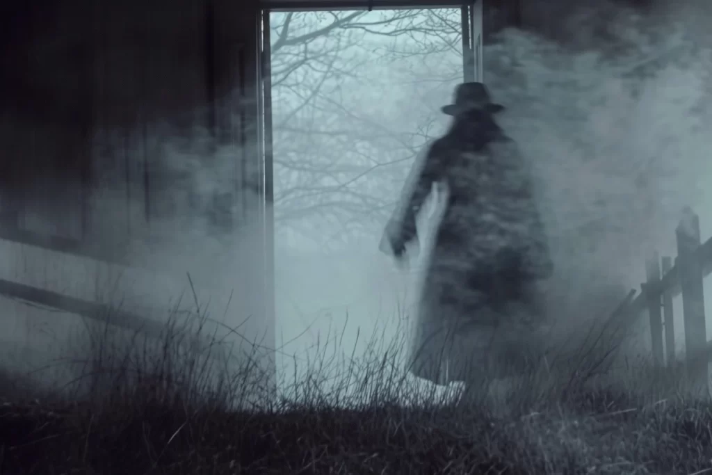 A ghostly figure walking out of a barn