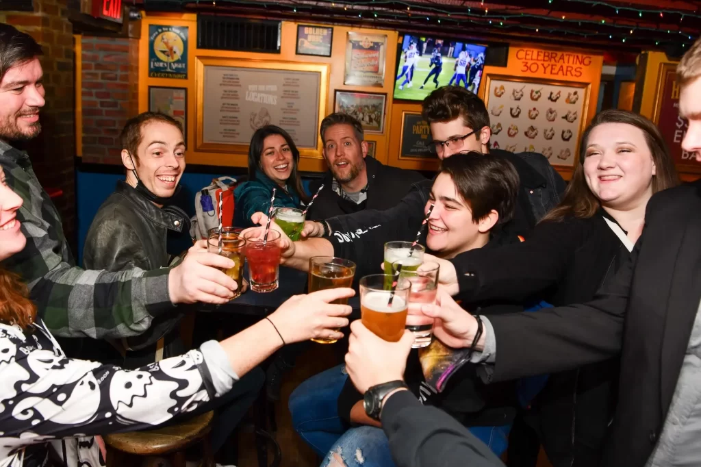 A group clinking glasses