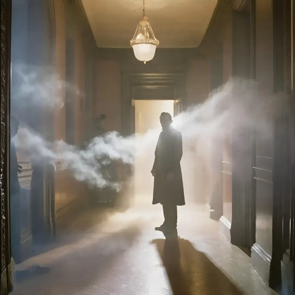 Ghost figure of a man standing in a Victorian hallway