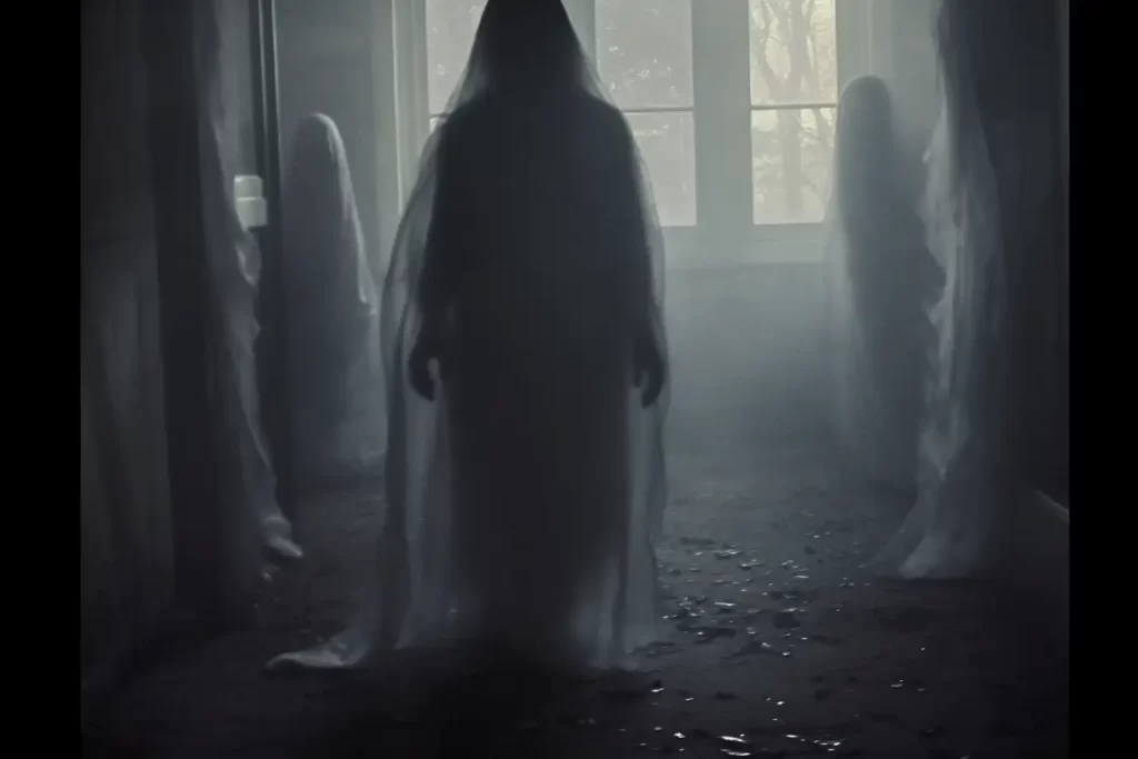 Ghosts standing in a room with windows