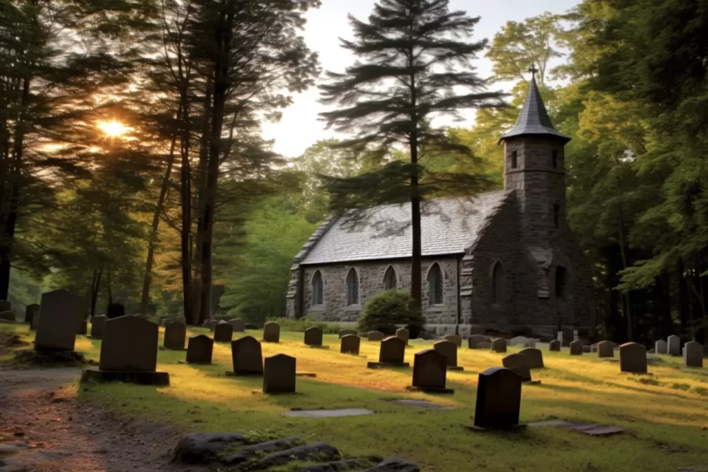 St. John's Episcopal Church surrounded by tombstones in Asheville