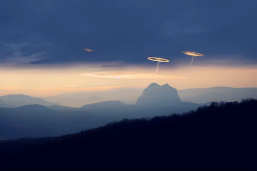 Depiction of UFOs beaming down in Asheville