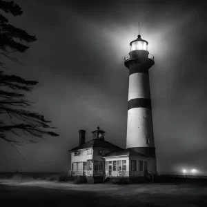 A lighthouse in black and white