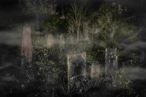 A row of tombstones in a creepy cemetery