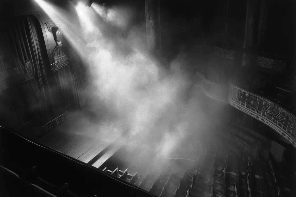 Shadowy theater stage haunted by restless spirits