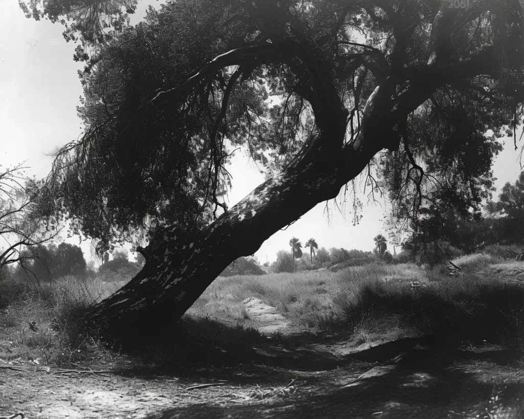 Creepy tree: spectral presence amidst dark, tangled roots