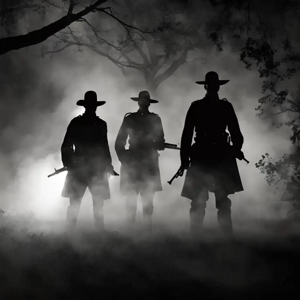 Three Civil War soldiers standing outside in the mist