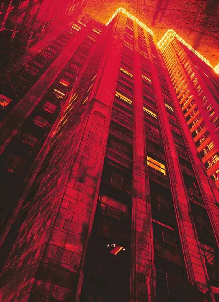 A building glowing red