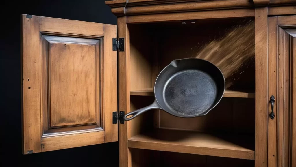 Frying Pan Flying Out Of A Cabinet