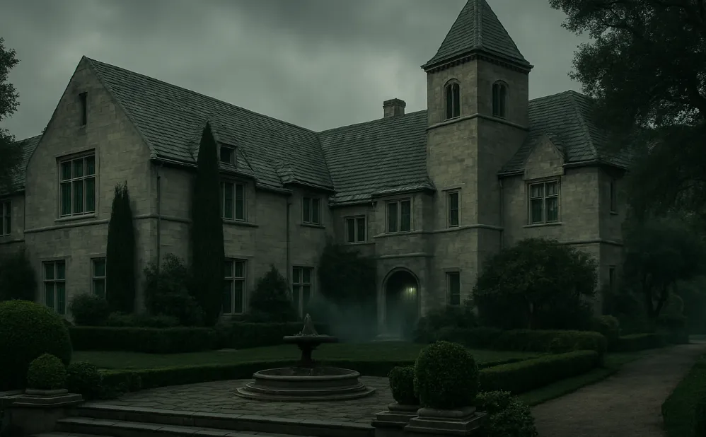 Spooky mansion under gloomy skies with eerie mist drifting through the garden.